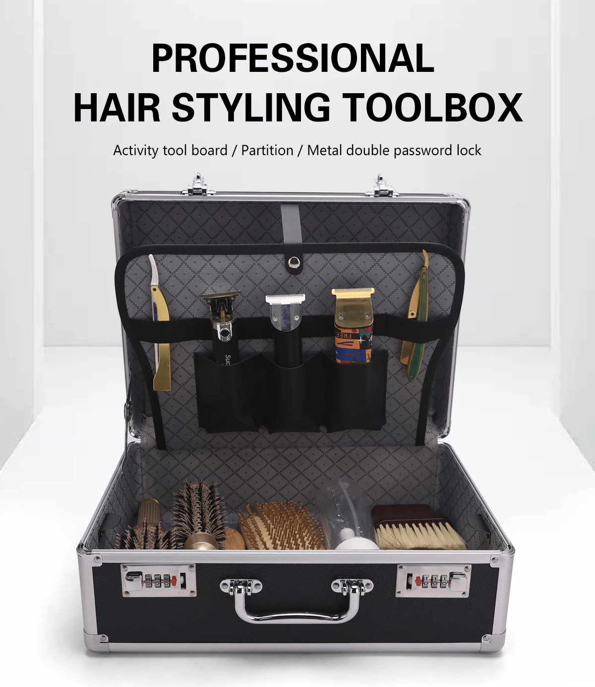Sliver Aluminum Tool Storage Box Password Lock Portable Suitcase Professional Hairdressing Large Capacity Salon Carrying Box