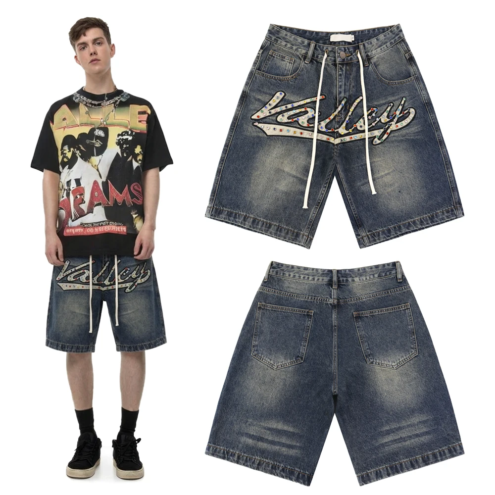 

New Streetwear Clothing Embroidery Shorts Denim Jeans with Color Rhinestones Hiphop Casual Cotton Vintage Shorts Jeans for Men's
