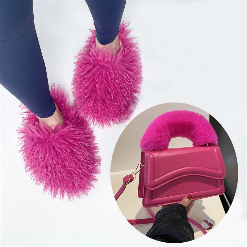 Winter 2023 New Fluffy Slippers Women Plus Velvet Warm Wool Beach Women's Shoes Home Slippers Plush Anti-slip Slippers Plush Bag