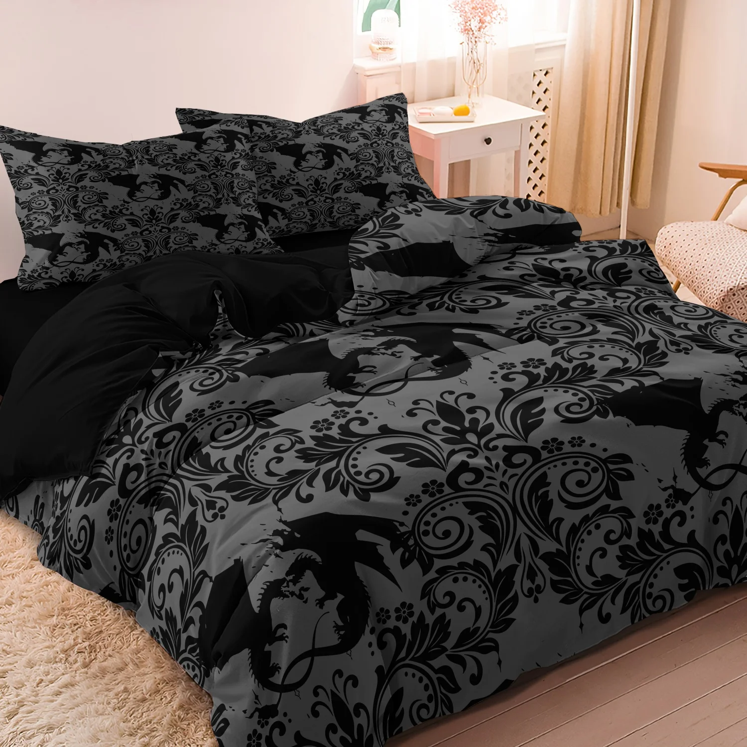 3 Pieces Gothic Flying Dragon Floral Bedding Print Duvet Cover Set, Grey Black Medieval Dragon Silhouette Ornament Print Bedding