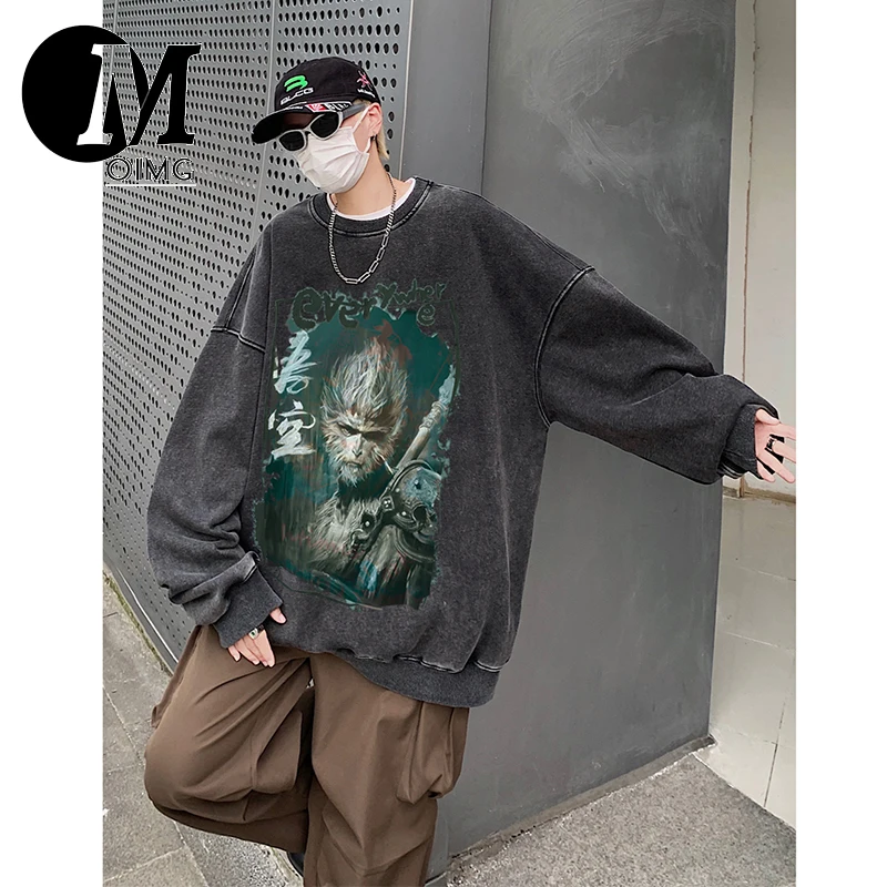 [OIMG] American High Street Trendy Washed Old Black Wukong Graffiti Round Neck Hoodie