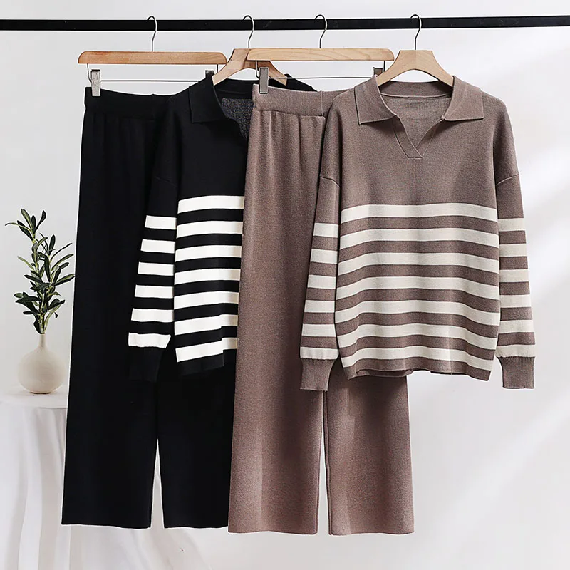 Spring Summer Knitted 2 Piece Sets Korean Womens Sweaters Pull Tops Suit Knitwears Wide Leg Pants Outfit Casual Striped Conjunto