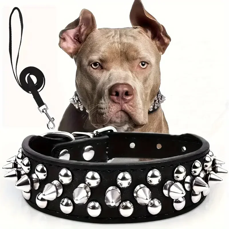 

Spiked Dog Collar And Leash Set, Rivet Leather Dog Collar Adjustable Dog Collar For Outdoor Walking Dogs stuff Dog harness leash