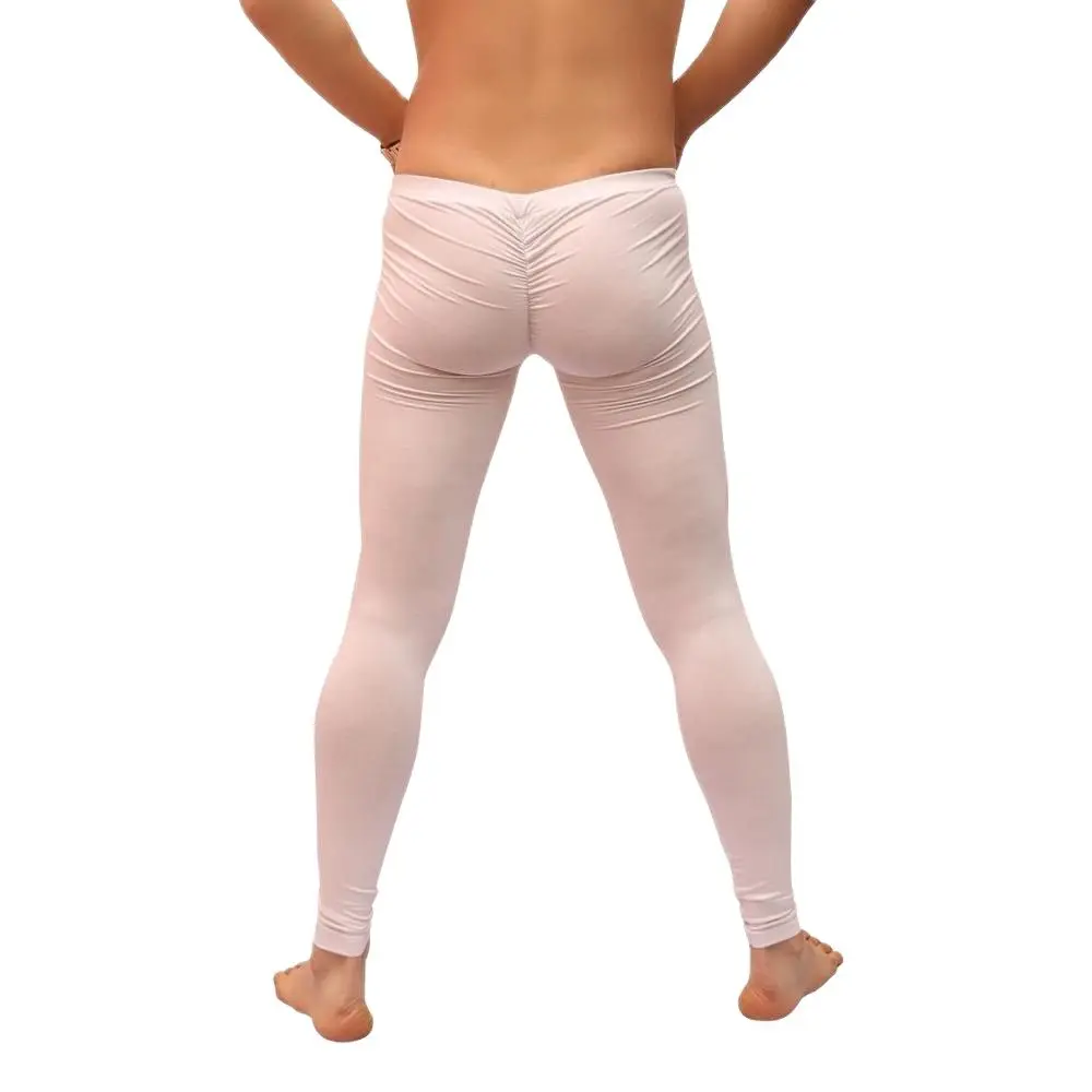 Mens Sexy Underwear Beige Ice Silk Long Johns High Elastic Penetration Clothing Breathable Thin Leggings Shirring Crotch Pants