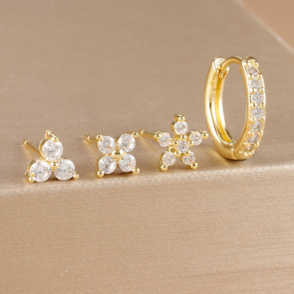 4pc 18K Gold Plated Flower Round Piercing Earrings Set