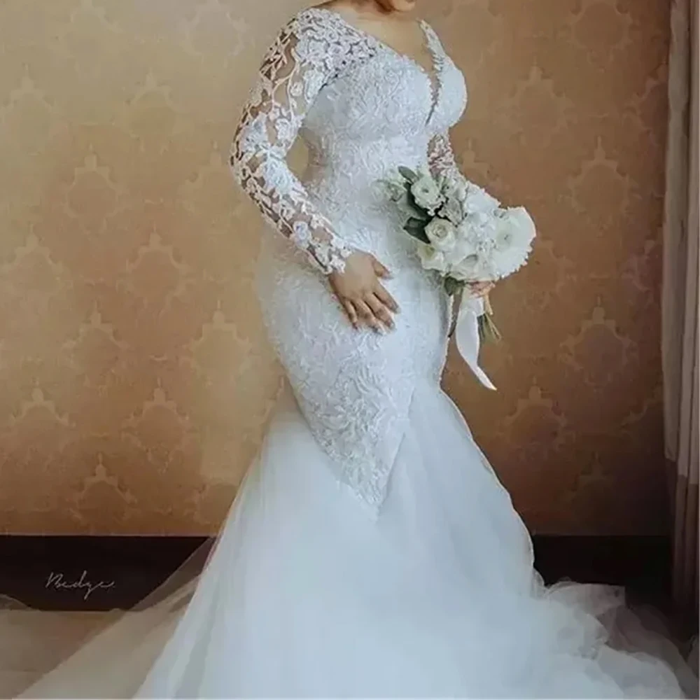 Robe de mariée sirène à manches longues pour femmes, robes de mariée élégantes, appliques en dentelle personnalisées, quelle que soit la mariée de luxe, 2025