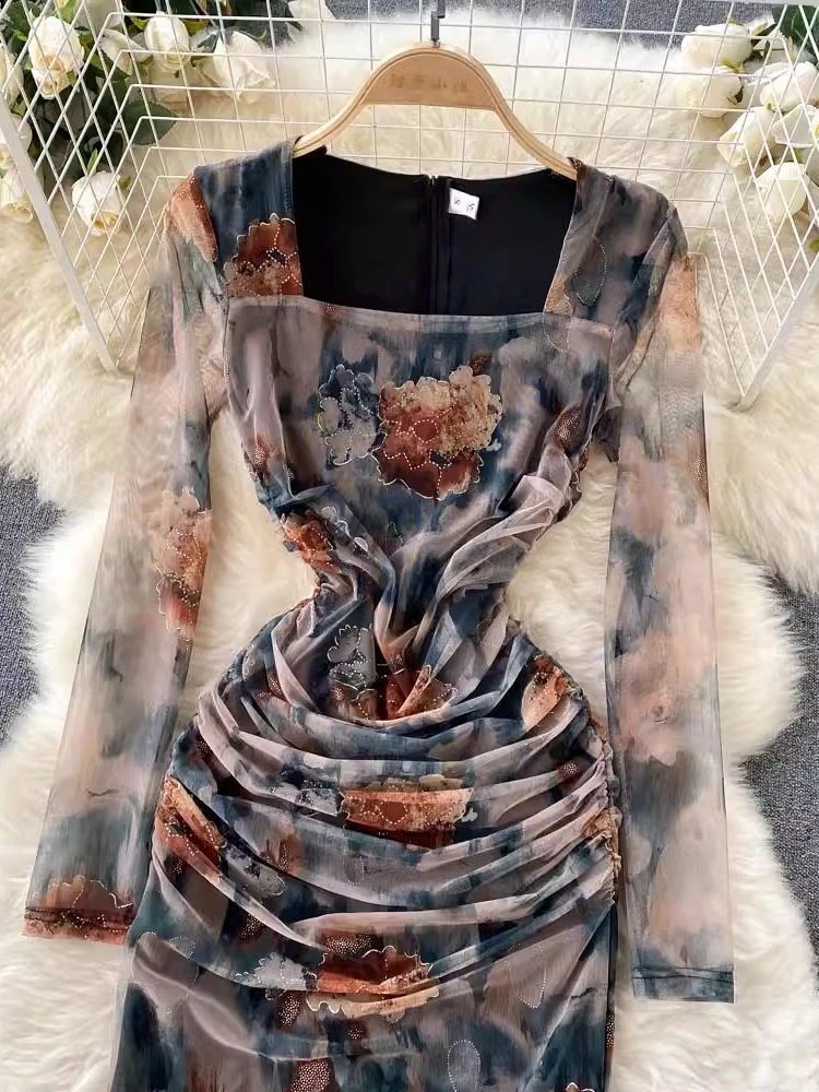 Women Printed Floral Dress Spring Summer Square Neck Long Sleeved Bodycon Dresses Ladies Pleats Slim Elegant Slit Long Robe