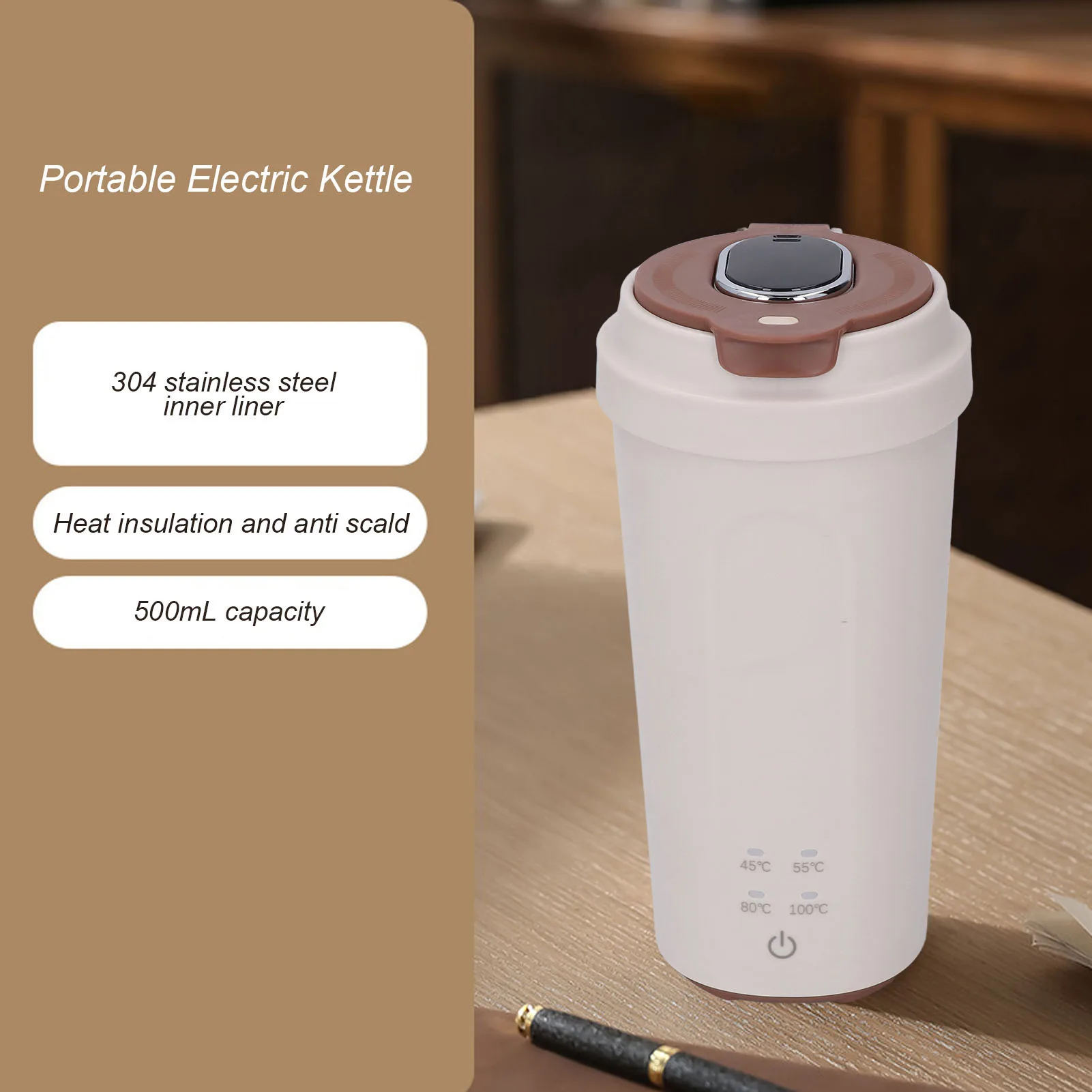 غلاية مياه صغيرة للسفر من الفولاذ المقاوم للصدأ قابلة لإعادة الشحن 500 مل غليان سريع 300 وات غلاية كهربائية محمولة لحليب الشاي والقهوة #4