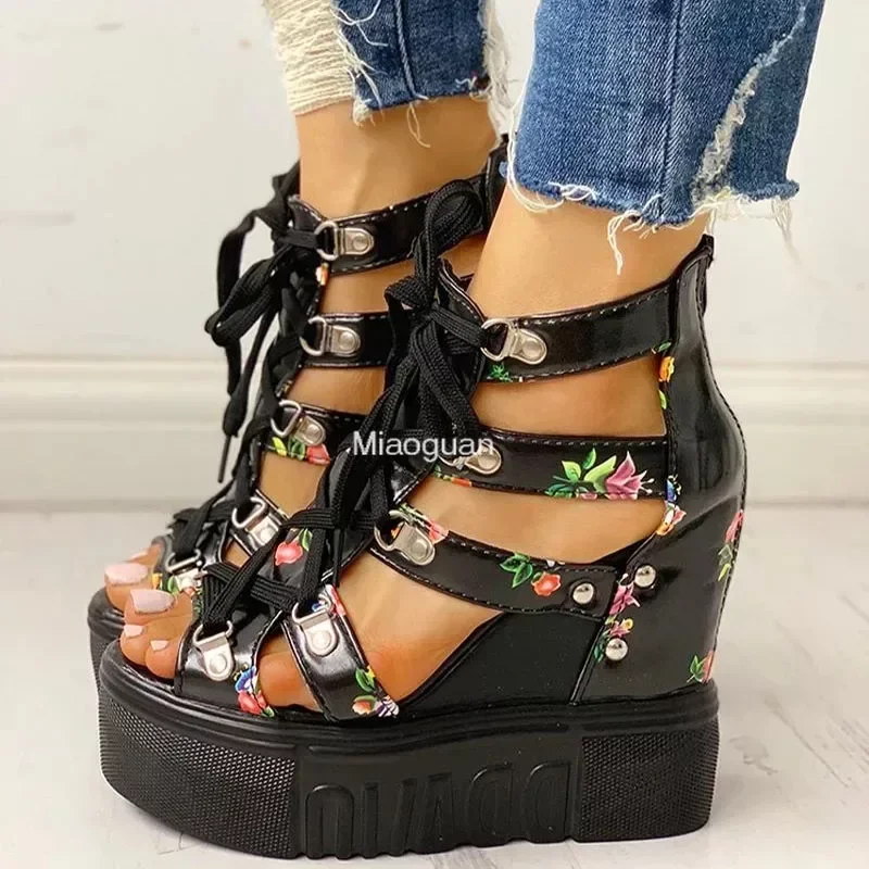 2024 Hot Sale Women\'s New Summer Sandals Floral Wedge High Heels Cross Straps Lace-up Increase 12cm Fashion Casual Shoes Ladies