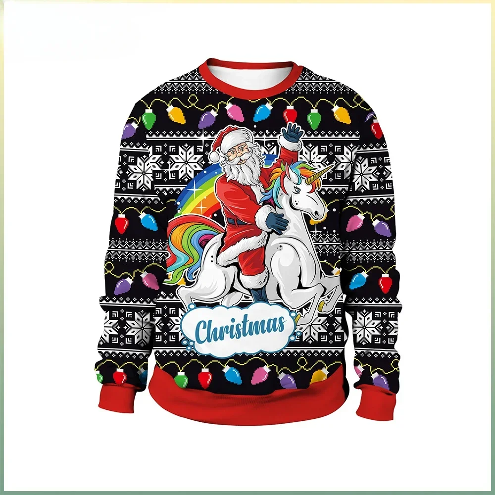 Teanoon Santa Claus Print Men Ugly Christmas Sweatshirts Riding A Unicorn Graphic Pullover Red Hoodies Autumn Couple Streetwear