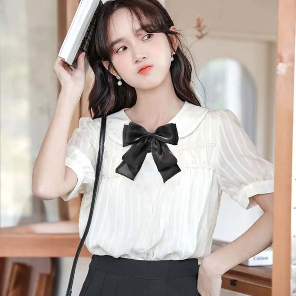 

Elegant Rhinestone Pearls Tie Tassels Brooch Hand-beaded Lace Necktie Black Academic Style Decoration Shirt Tie Women