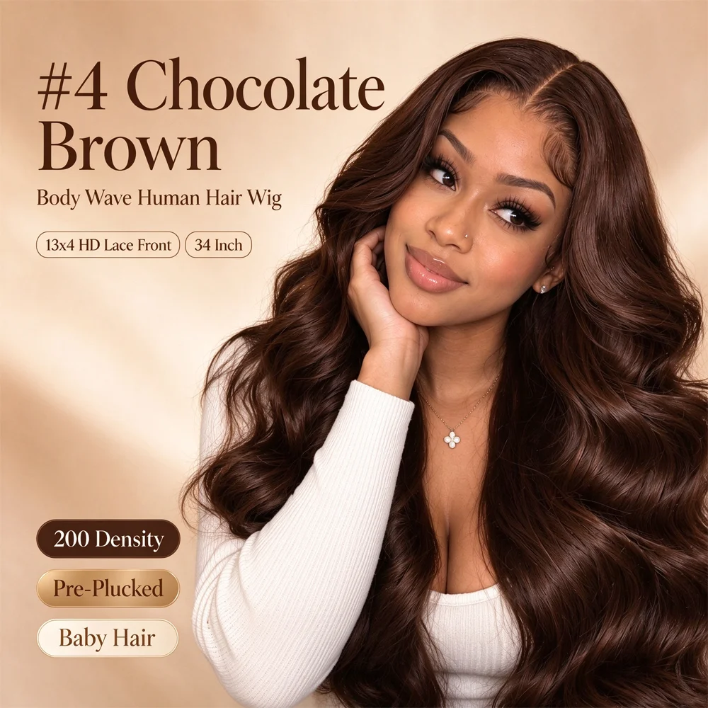 34 inch Chocolate Brown Lace Front Wig Human Hair 200 Density Body Wave 13x4 HD Lace Front Wigs For Women Pre Plucked Baby Hair