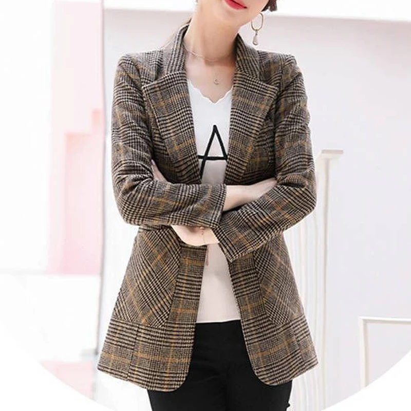 Women Korean Fashion Vintage Plaid Print Elegant Long Sleeve Suit Coat Autumn Winter Office Lady Chic Slim Notched Casual Blazer