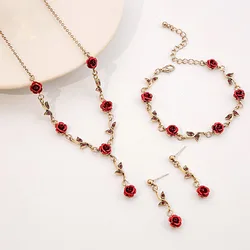 Vintage French Red Rose Flower Necklace Bracelet Set for Women Fashion Romantic Clavicle Chain Necklace Engagement Jewelry Gifts