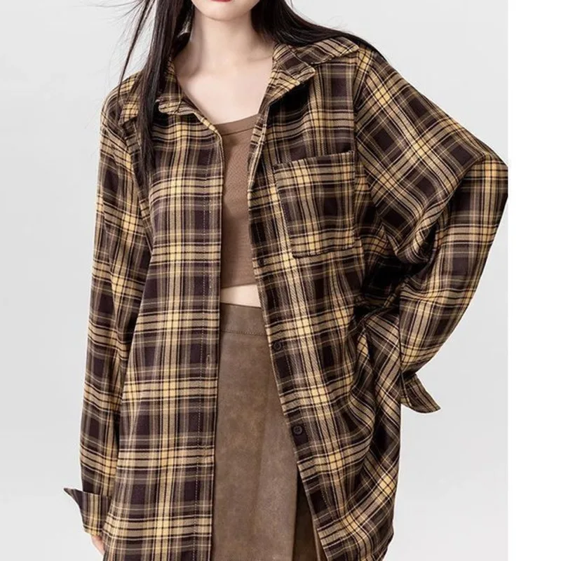 2024 Autumn Y2K Streetwear Two Pieces Set Korean Casual Vintage Plaid Oversized Shirts+irregular Sling Dresses Sets For Women