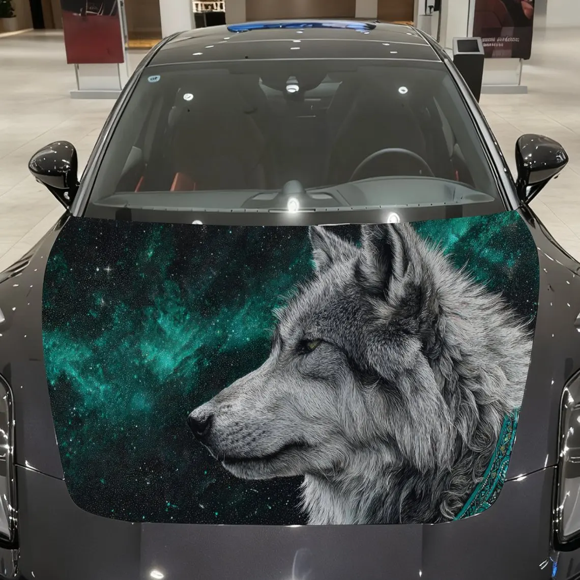Autocollants de voiture loup en toile de fond étoilée émeraude avec détails réalistes et autocollant de capot de voiture à charme cosmique fascinant, auto-étanche