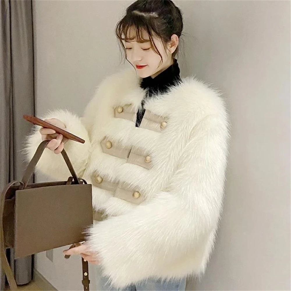 Moda coreana colletto alla coreana giacche in pelliccia di volpe sintetica donna spessa calda inverno corto outerwear cappotto in pelliccia sintetica bianca per le donne