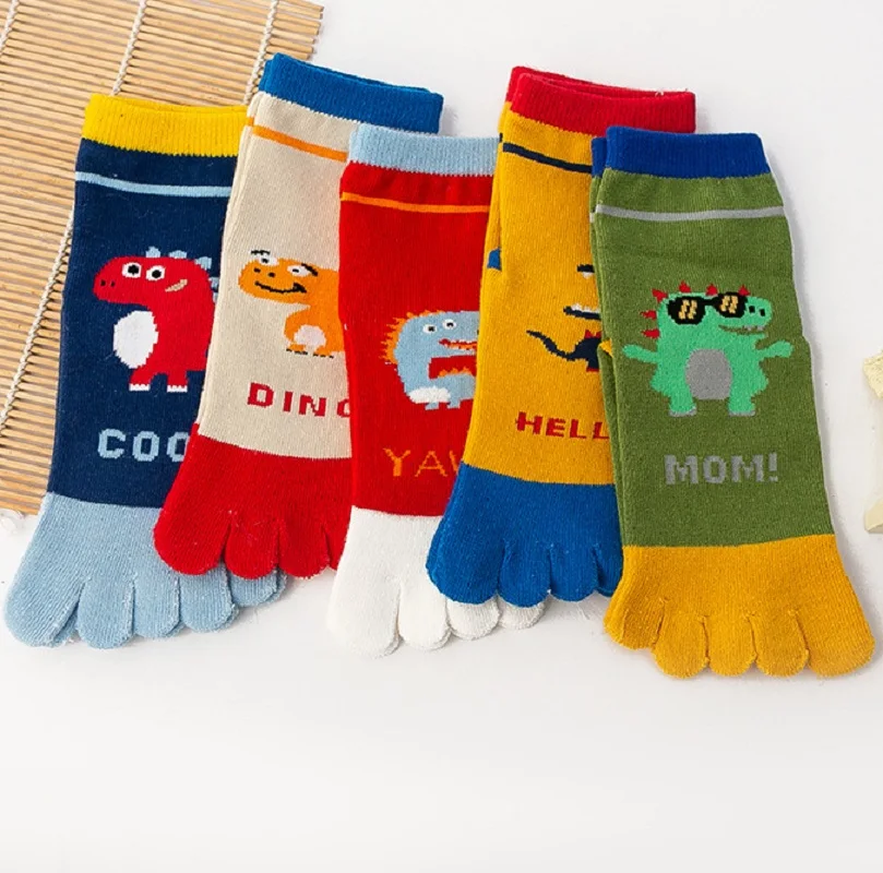 

5 Pairs Funny Cute Dinosaur Cartoon Socks with Toes Kids Colorful 5 Finger Sock Infants Baby Boy Girl Correction Toe Cotton Sock