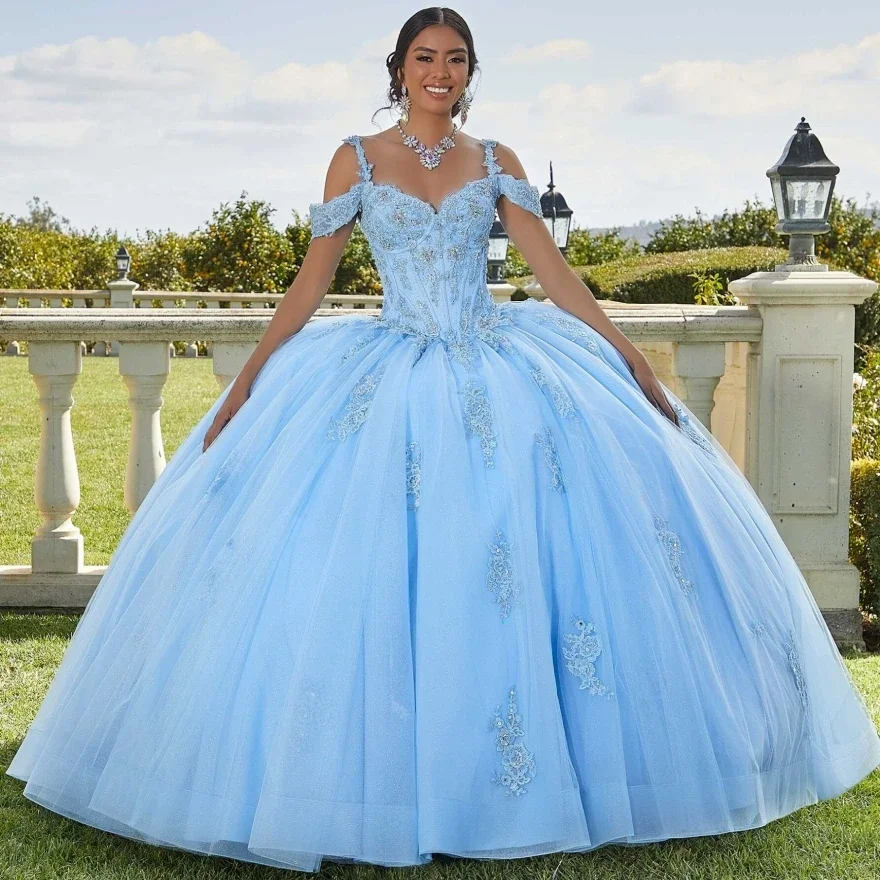 Blauwe Quinceanera Jurk Baljurk Kant Applique Tule Bretels Glanzend Zoet 16 Meisje Prinses Verjaardag Verkiezing Avondjurk