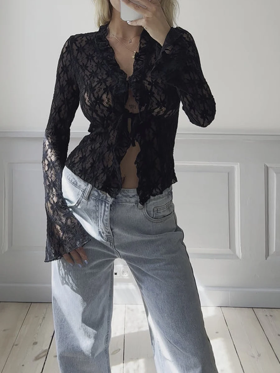 Women Y2k Lace Floral Tops Ruffle V Neck Flare Long Sleeve Tie Front Sheer Mesh Slim Crop Cardigan Spring Fall Shirts Clubwear