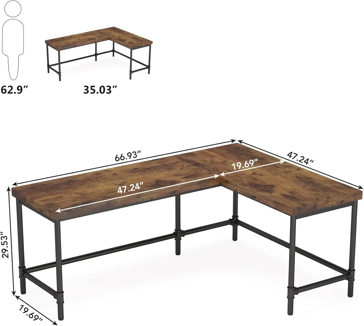 L-Shaped Desk, 67 inch Industrial Reversible Corner Computer Office Desk PC Laptop Study Table Workstation