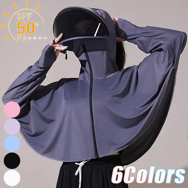 

Womens Summer UV Blocking Shirt Built In Face Mask Ice Silk Thin Breathable Full Face Neck Gaiter for Cycling Running Fishing