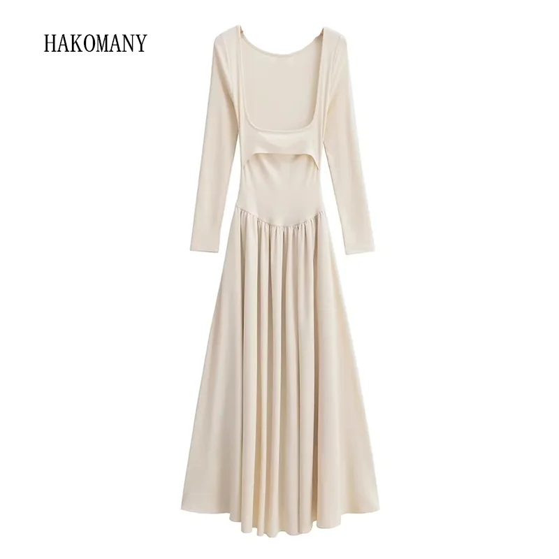 

2023 Women Low Waist Full Sleeve Robe Holiday Retro Hepburn Square Collar Jersey Spliced Ruched Pleated Swing Maxi Long Dress