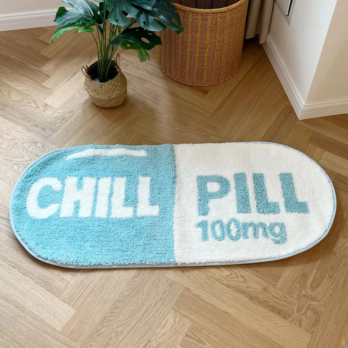 Pink and Blue Chill Pill Flocking Rug Oval Tufted Rug Bath Mat Door Floor Mat Home Decor Carpet Camping Mat Waterproof Anti-Slip