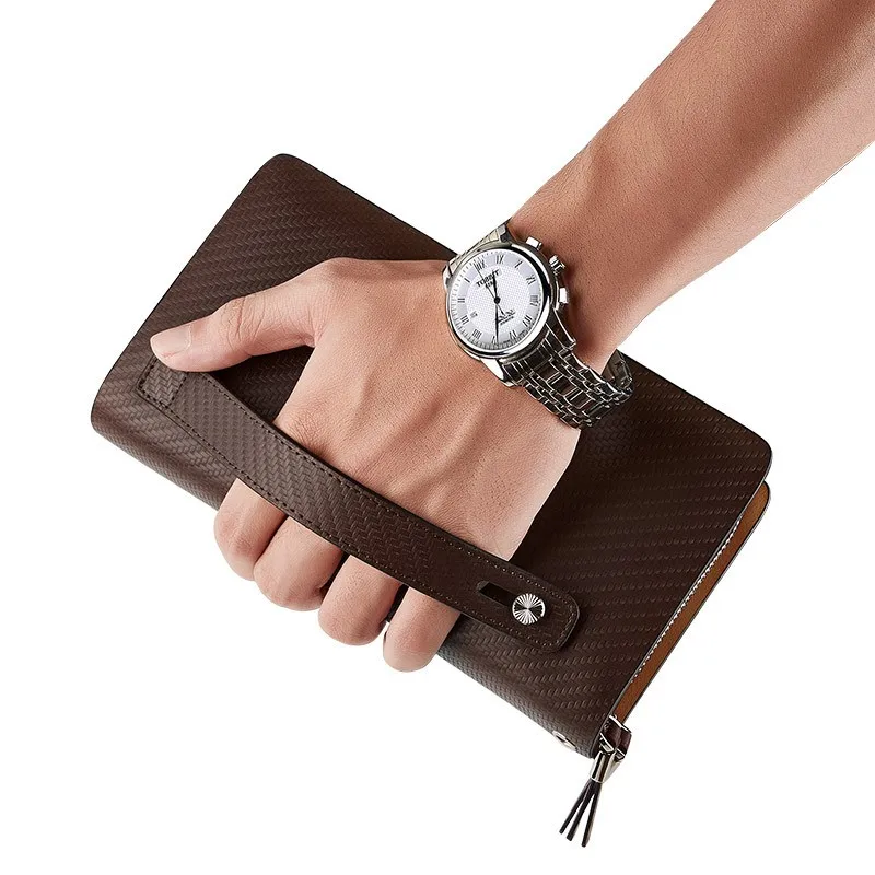 WILLIAMPOLO-cartera de mano de gran capacidad para hombre, bolso de mano de cuero genuino con doble cremallera, cartera larga de negocios