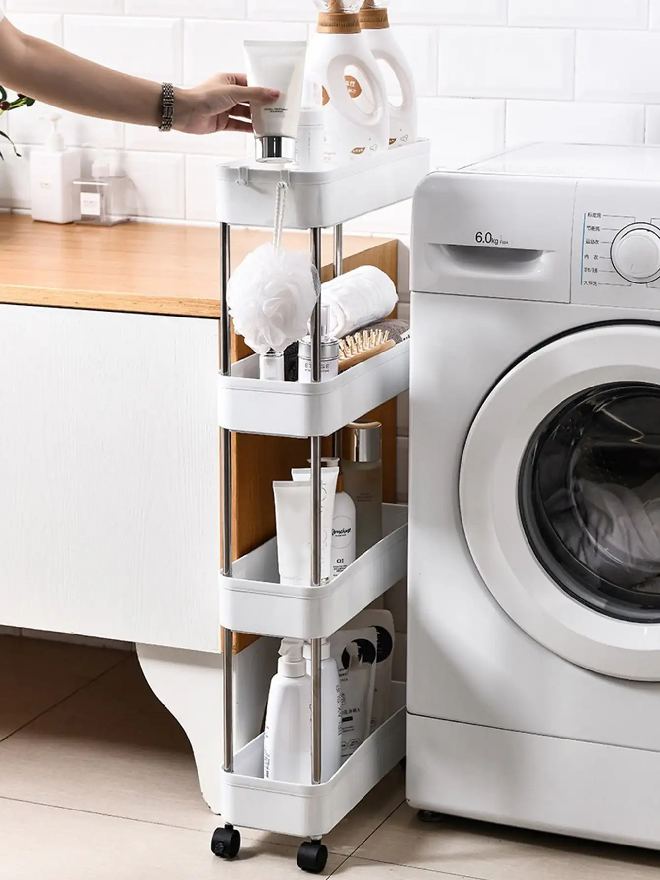 

1 шт. 3/4-уровневая передвижная узкая тележка, многофункциональная тонкая полка для хранения для кухни, ванной комнаты и гостиной