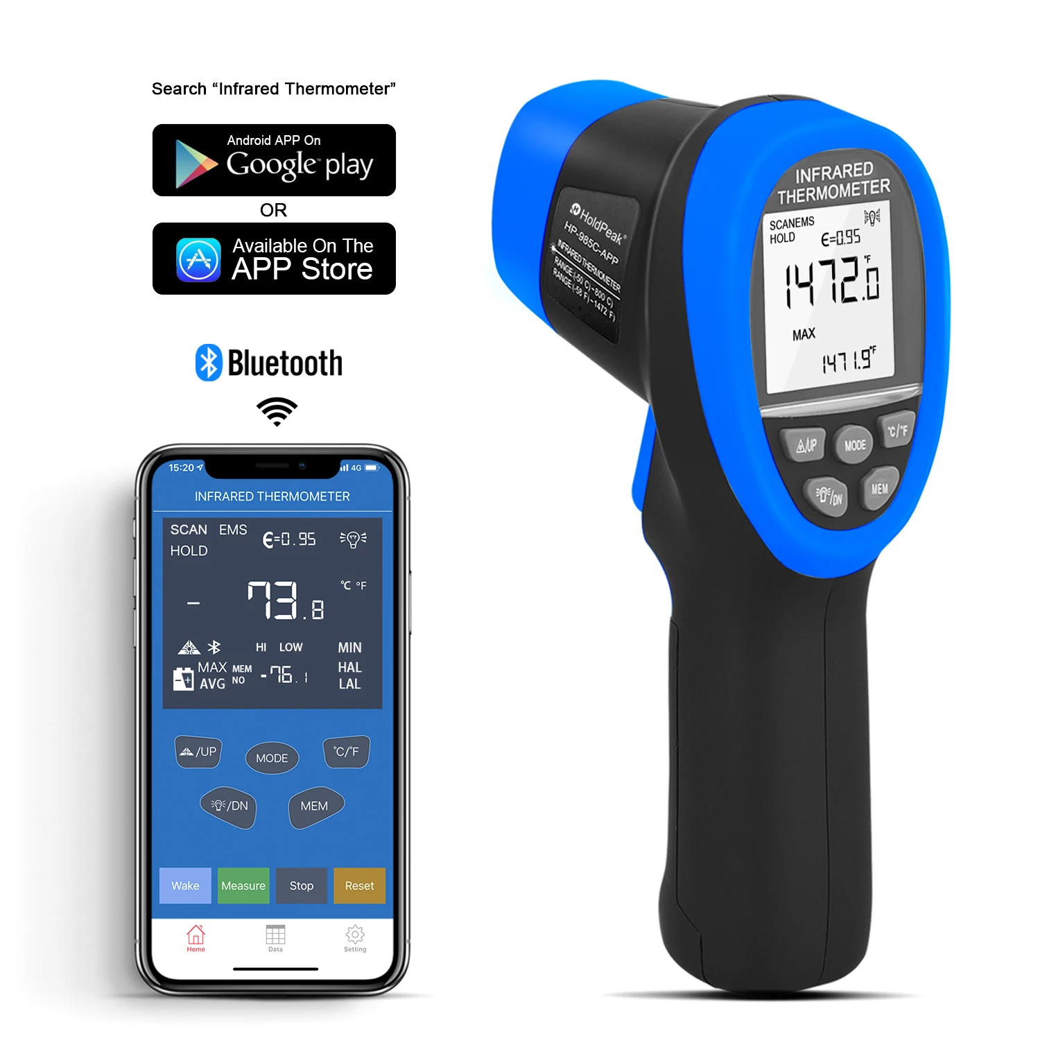 

HP-985CAPP infrared thermometer, temperature measuring instrument Digital laser -58 °F ~ 1472 °F 【Not for Human Test】Blue