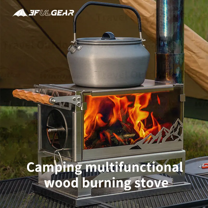 Stainless Steel Tabletop Fire Wood Stove Outdoor Camping Pellet Burning Stove Double Glass Fire-viewing Hot Tent Stove