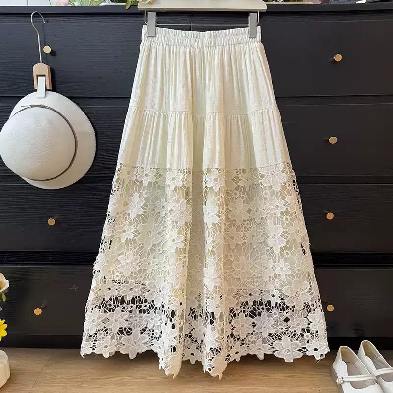 

Women Elegant Chic Hook flower hollow Sexy Skirt Elastic Korean Fashion summer Skirt Slim Clothing