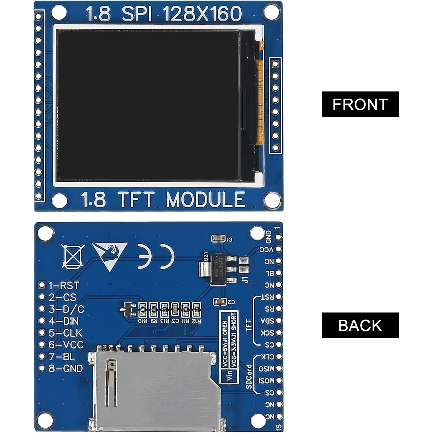 1,8-дюймовый последовательный SPI TFT ЖК-модуль, адаптер печатной платы дисплея IC 128x160, матричный 3,3 В, 5 В, ввода-вывода, Inerface, совместимый с Arduino