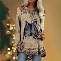 Vintage Women's T-shirts Animal Wolf Print Long Sleeves T shirt Tops Fall/Winter Cotton Women Clothing Casual Loose Pullover