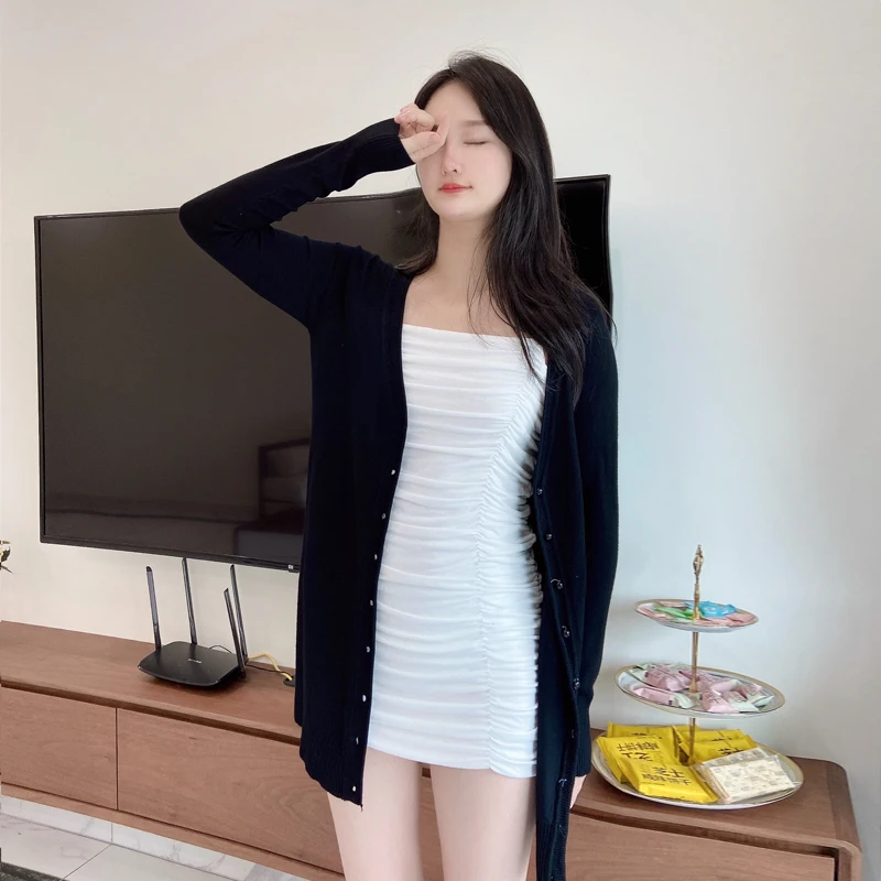 Outerwear V-neck Jersey Korean Fashion Style Cropped Blouses Long Woman Cardigan Knitted Ladies Sweaters Black Clothing Tricot