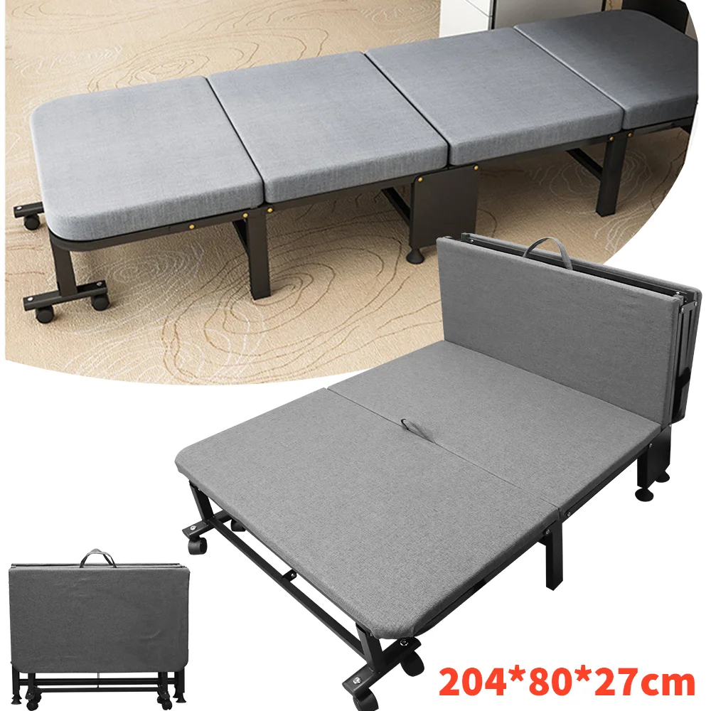 204*80*27cm Folding Bed, Portable Folding Bed, Iron Frame Bed Lockable Pulleys, Suitable for Office Lunch Break , Hospital Beds