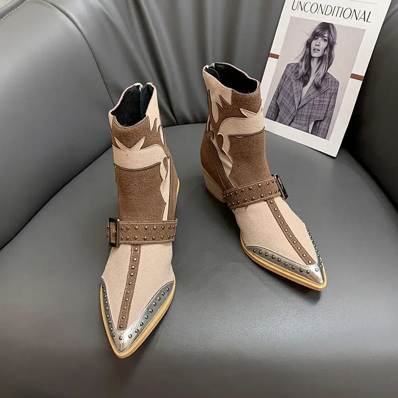

Retro Women's Boots Design Metal Pointed Western Cowboy Woman Boots Splicing Rivets Thick Heel Belt Buckle botines para mujeres