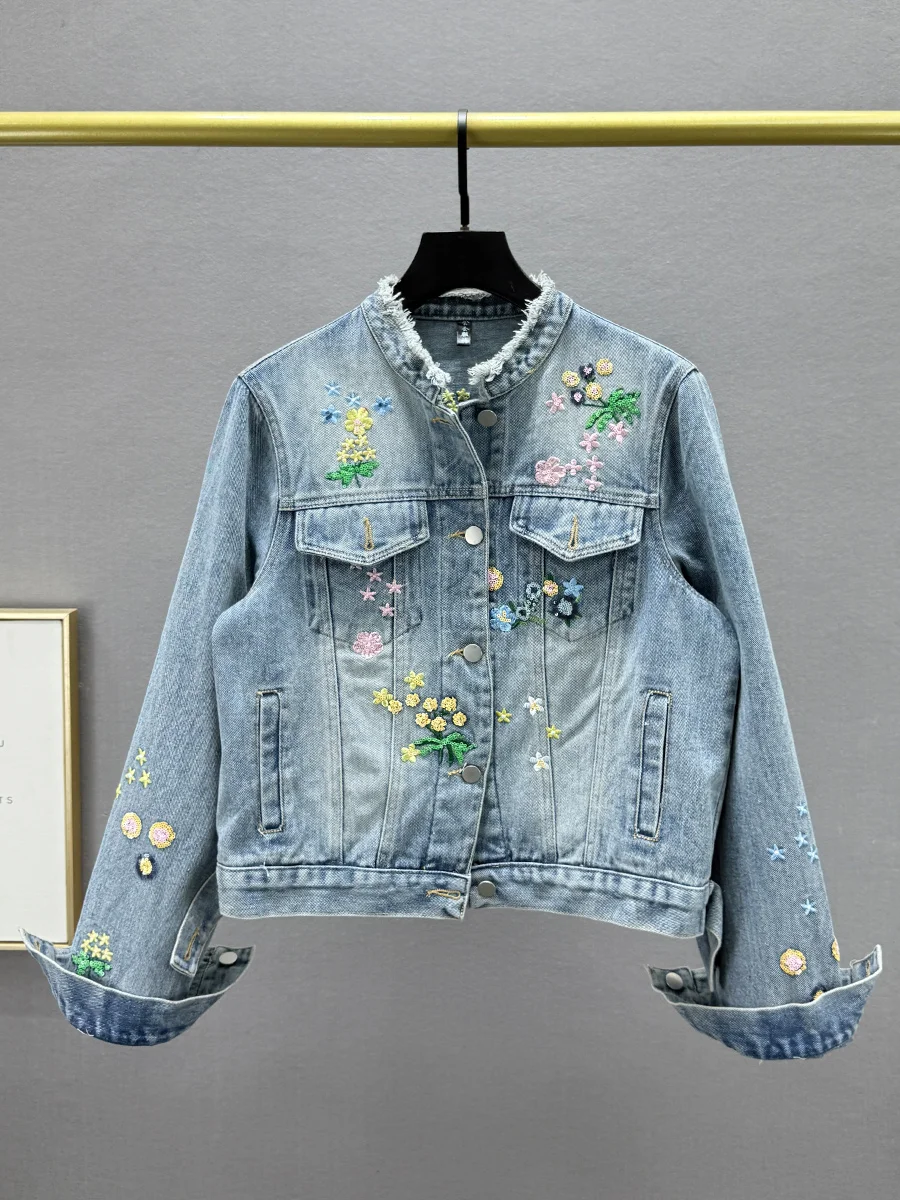 

Женская джинсовая куртка с вышивкой, свободного кроя, с завышенной талией, для повседневной носки, с длинными рукавами, весна 2025, новая модель для офиса и города