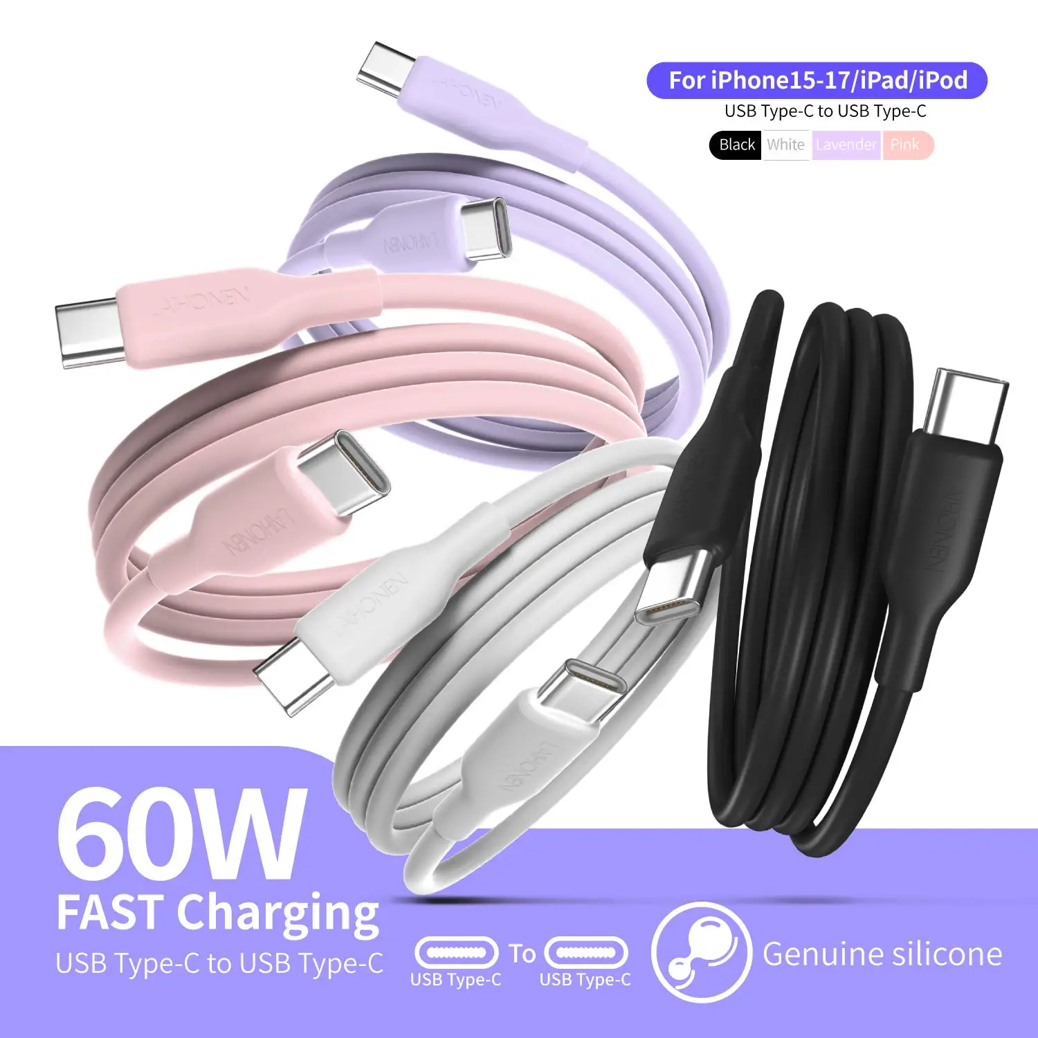 60W USB-C Fast Charging Cable, Silicone Wire, for iPhone 15/16/17,iPad Pro, Galaxy S24 S23, Switch, MacBook Air, Pixel