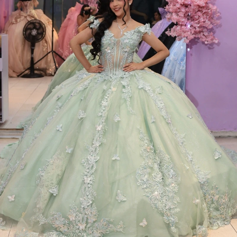

Light Green Shiny Quinceanera Dresses Ball Gown Off The Shoulder Applique Lace Beads Bow Corset Tull Party Birthday Sweet 16