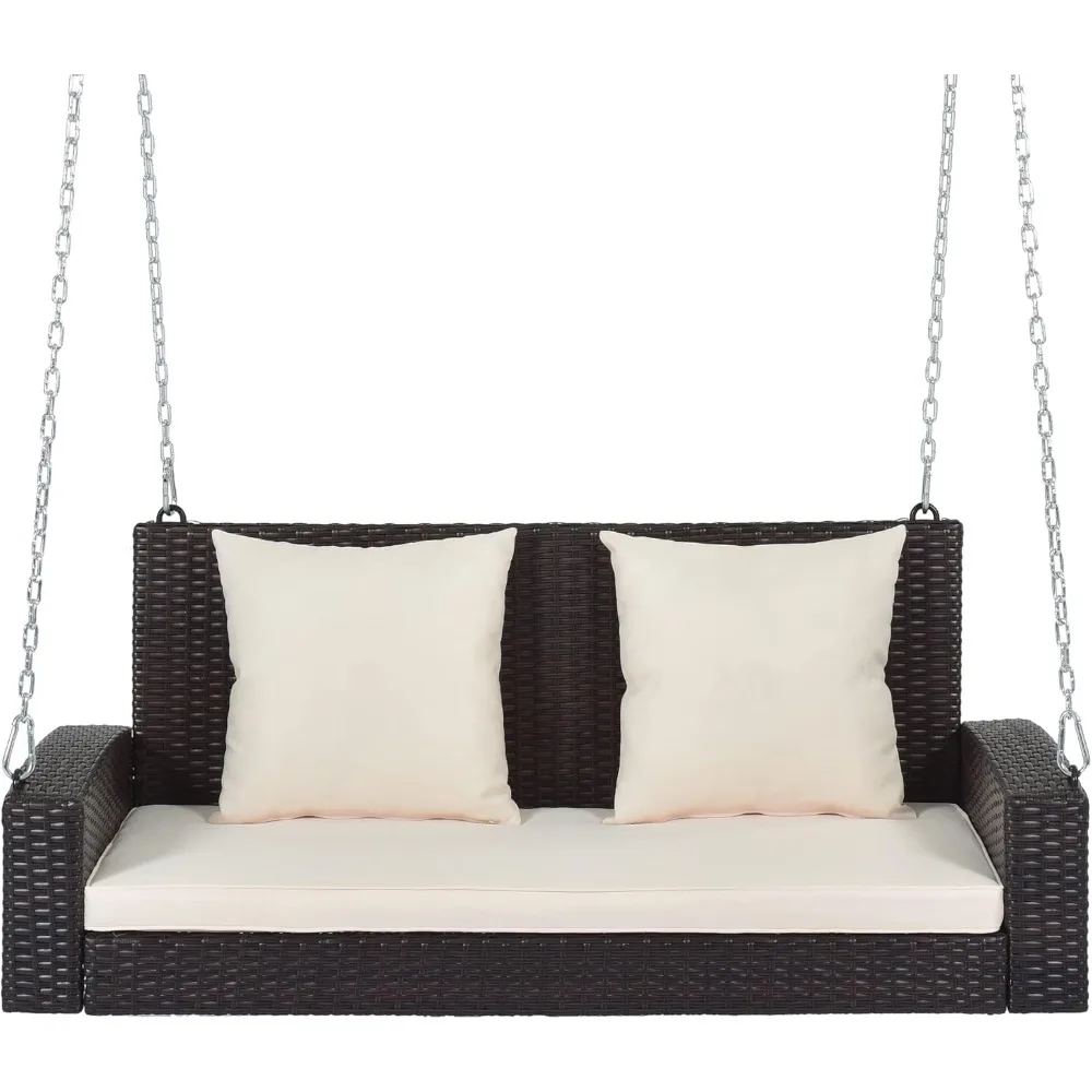 パティオポーチスイング、屋外スイングチェアベンチ、チェーン付き籐製ハンギングポーチスイング、クッションと枕付き、ラタンスイングベン