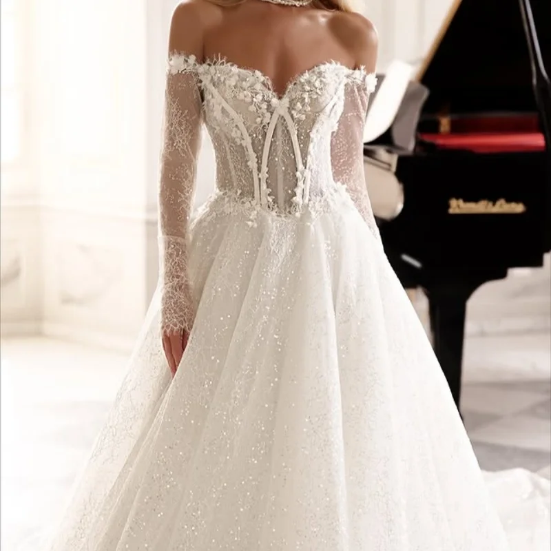 Shiny white Wedding Dresses The corset decal Bridal Gowns A skirt decoration long sleeves multi-layer Made ﻿Customize