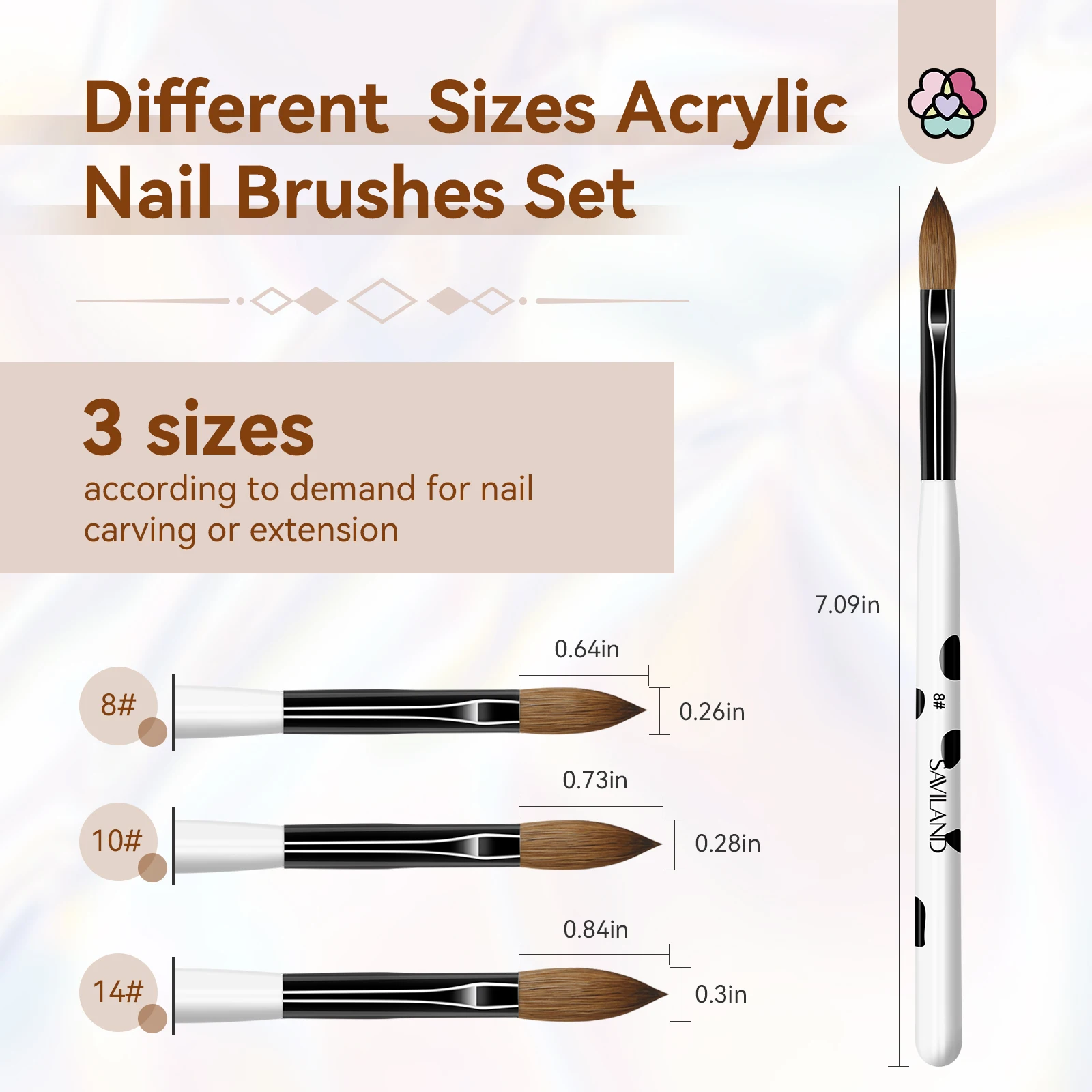SAVILAND 3 pezzi Kolinsky set di pennelli per unghie acrilici dimensioni 8 10 14 per polvere acrilica 3D nail art per principianti uso professionale