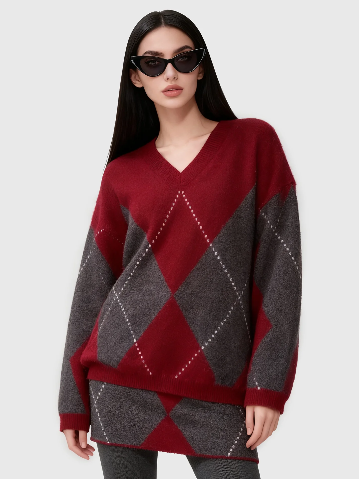 

Комплект из двух предметов JYOOK: Красный вязаный свитер и брюки для женщин, осенне-зимняя новинка, повседневный стиль, ромбовидный узор, V-образный вырез, длинный рукав, свободный крой