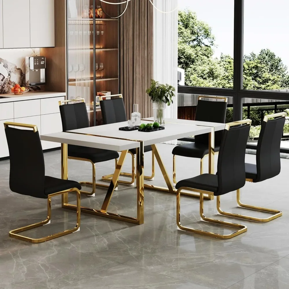 Dining Table Set for 6，MDF Kitchen Table and Leather Dining Chairs Set of 6, Modern Gold Metal Frame Dinner Table Set 6