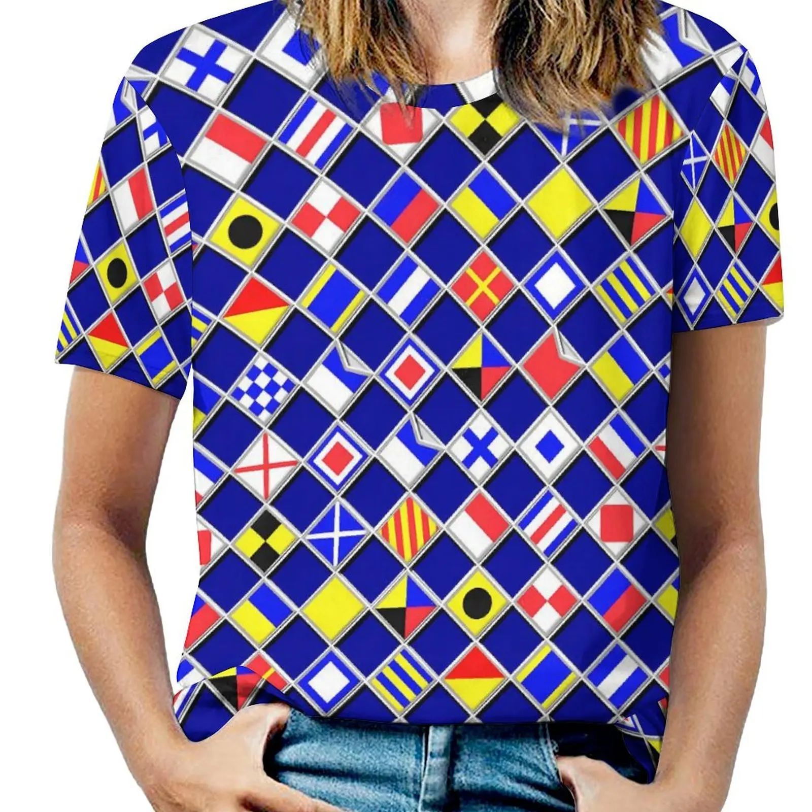 Summer Flags Checkers T-Shirts Nautical Signal Simple T-Shirt Womens Short-Sleeve Oversize Tees Graphic Tops Birthday Present