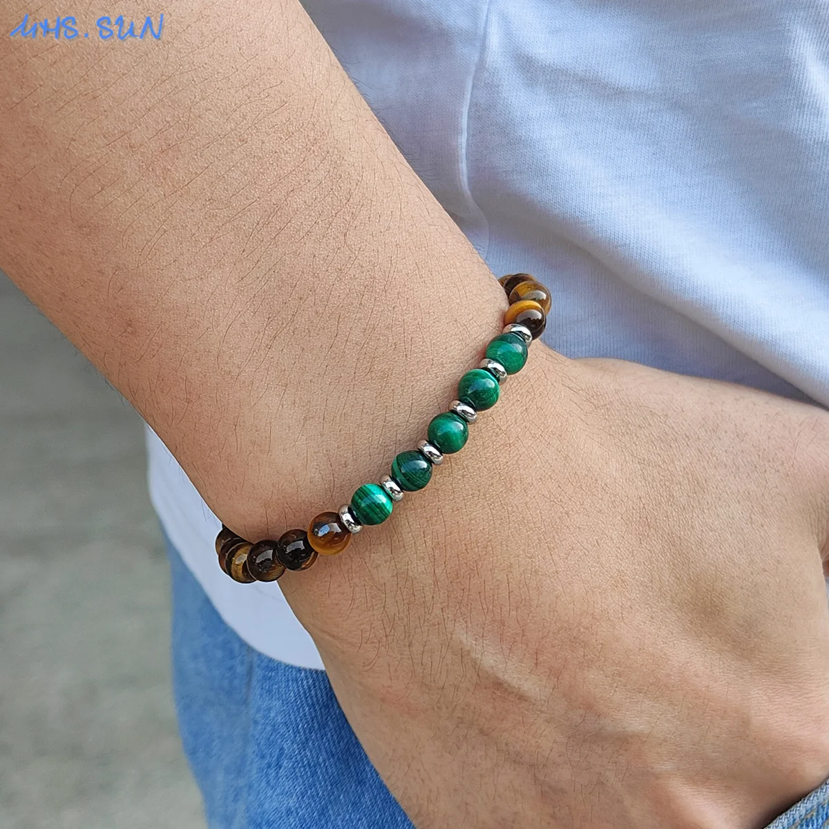 MHS.SUN Healing High Quality Natural Stone Beads Elastic Bracelet Women Men Round Tiger Eye Stretch Yoga Wristband Jewelry