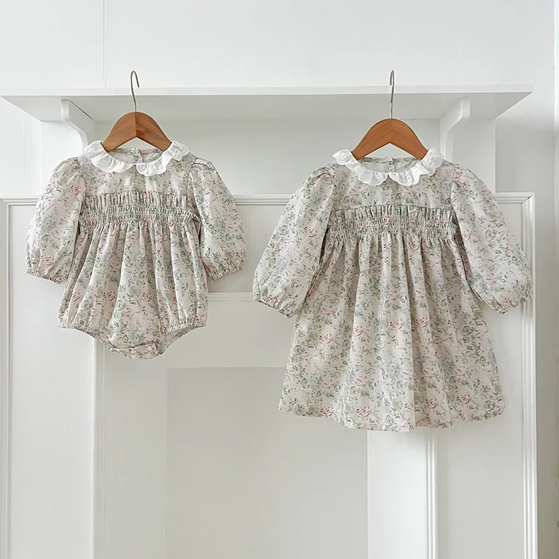 

Autumn New Baby Girl Leaf Collar Lace Dress Floral Long Sleeve Infant Romper Sister Outfit