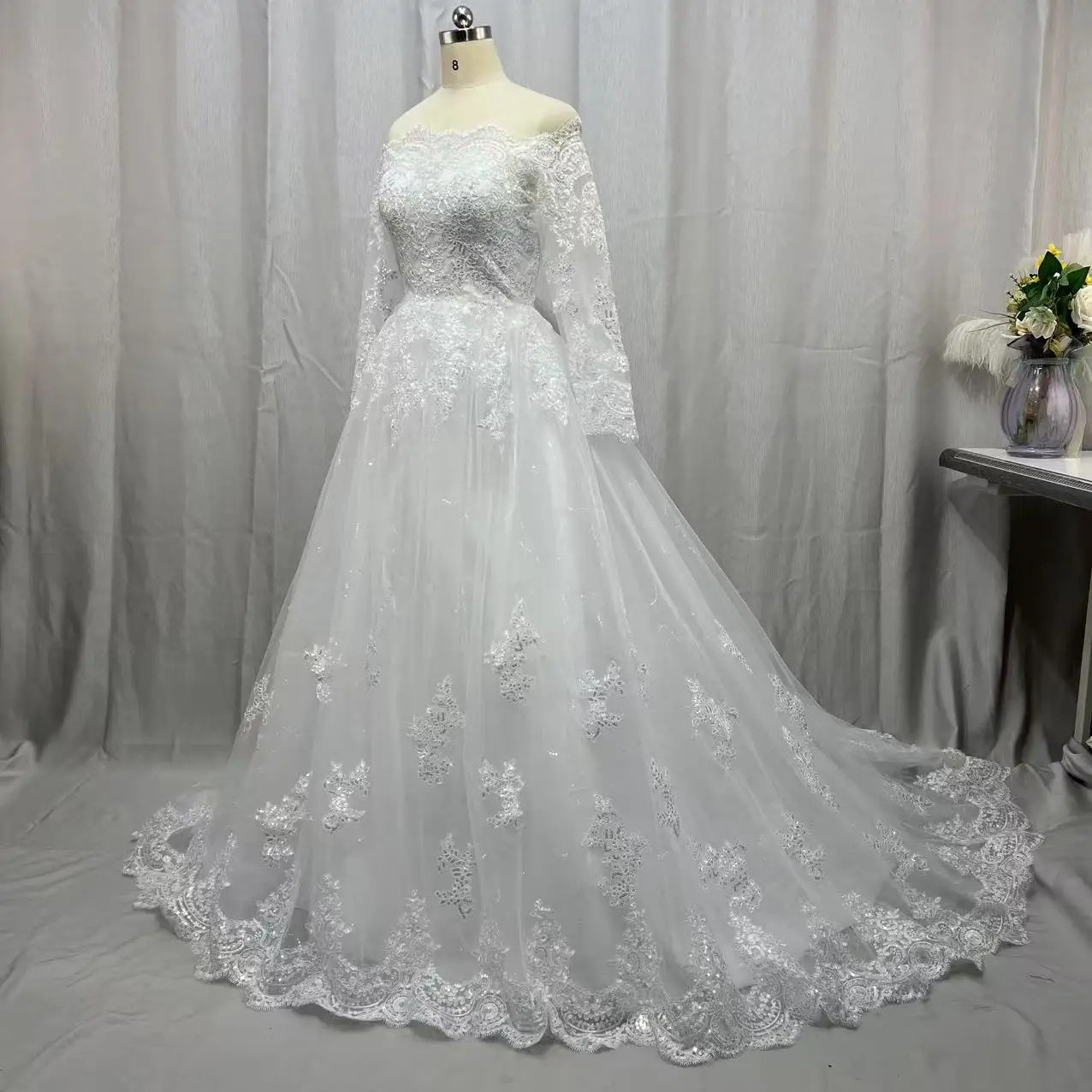 Vestido de novia personalizado, vestido de novia de manga larga con Apliques de lentejuelas de encaje, vestidos de novia formales de talla grande, vestidos de Boda de Princesa